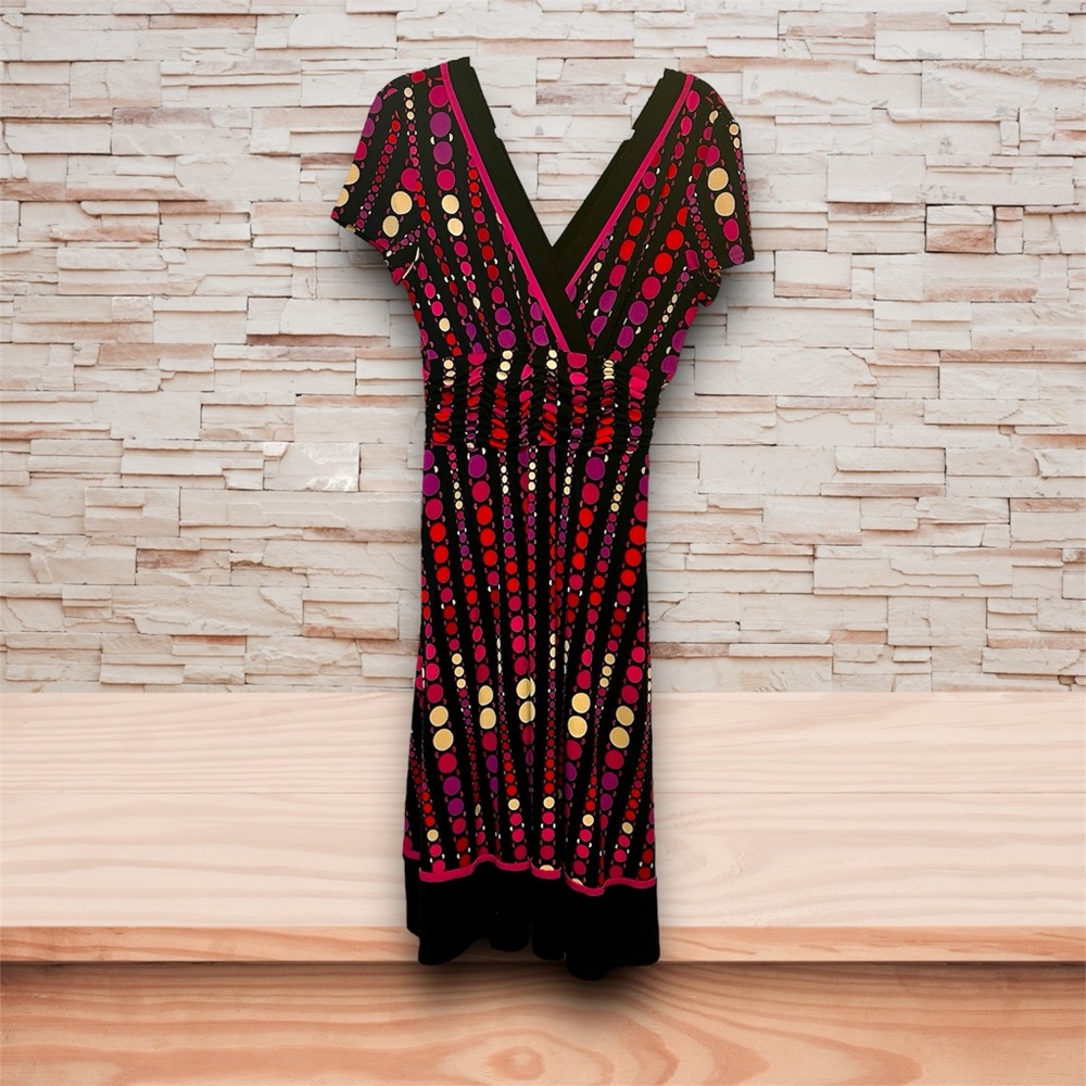 Studio One Black Midi Dress with Pink, Red & Gold Dot Pattern